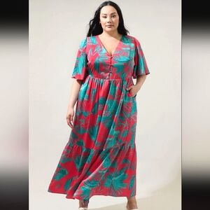 NWT Maxi Dress 2X - Sugarlips Palm Tropics Pismo Button Down Flutter Sleeve